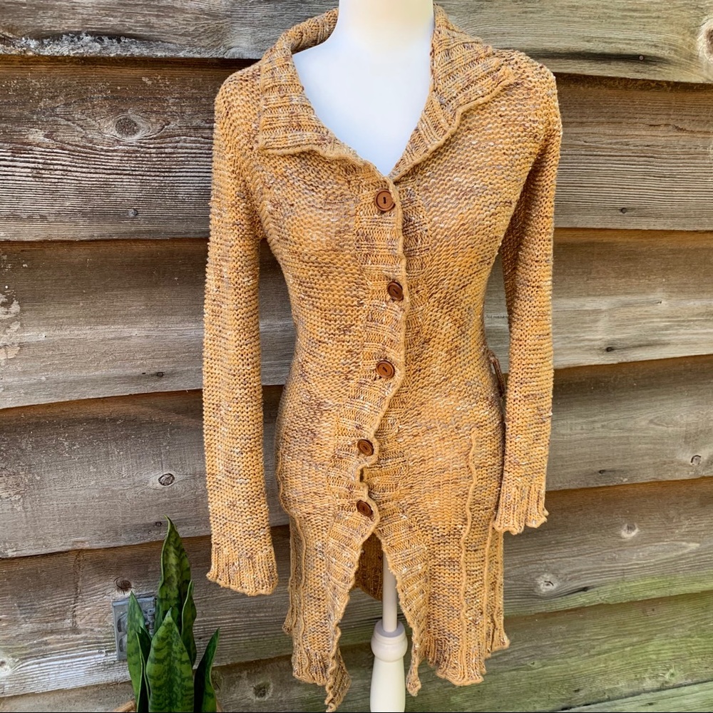 BCBGMaxAzria Long Button Up Sweater Cardigan Size Small Mustard Yellow